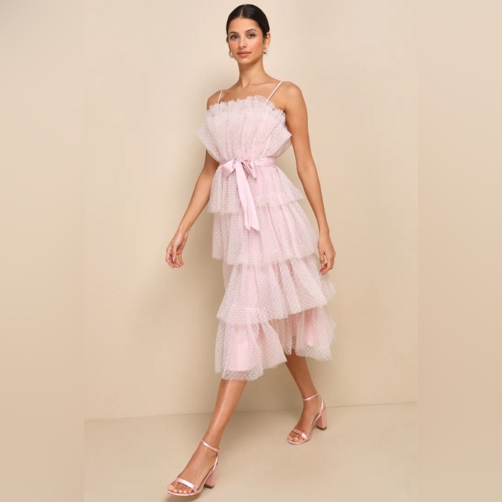 Lulu's Light Blush Layered Tulle Midi Dress with Satin Tie